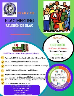 Please join us for the First ELAC Meeting of the 2025-2026 School Year! /¡Únase a nosotros en la primera reunión de ELAC del año escolar 2025-2026! 